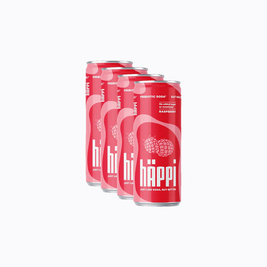 Three red cans of 'hi häppi' soda on a white background