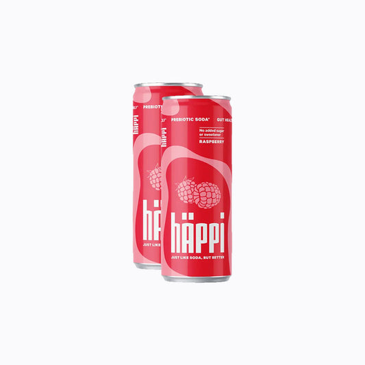 Two red cans of Häppi raspberry soda on a white background