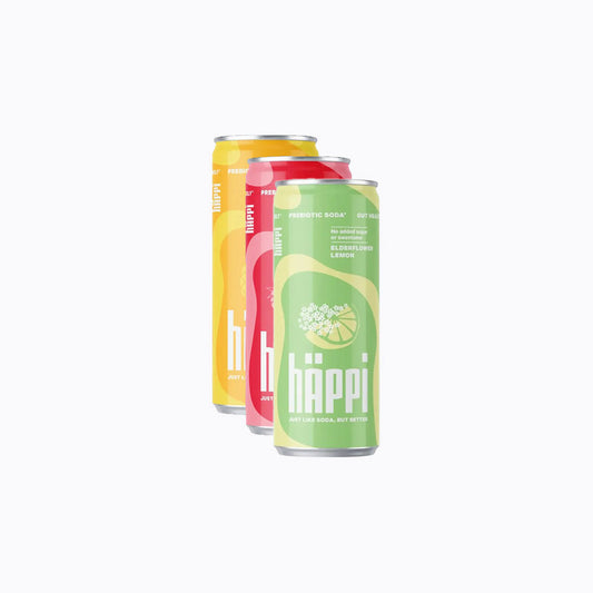 Three cans of Häppi drinks on a white background