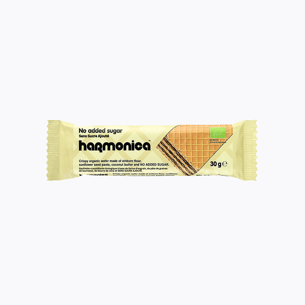 Packaging of Harmonia no sugar added wafer with einkon, weight 30g, with organic and GMO-free claims.