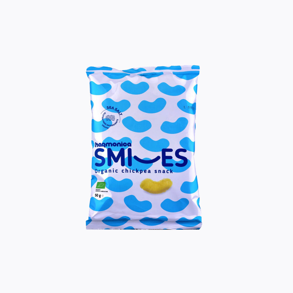 A package of Harmonia Smiles organic chickpea snack with sea salt, 50g.