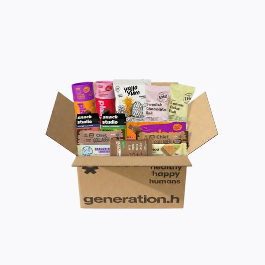 Open cardboard box filled with various snack packages on a white background, branded 'generation.h'.