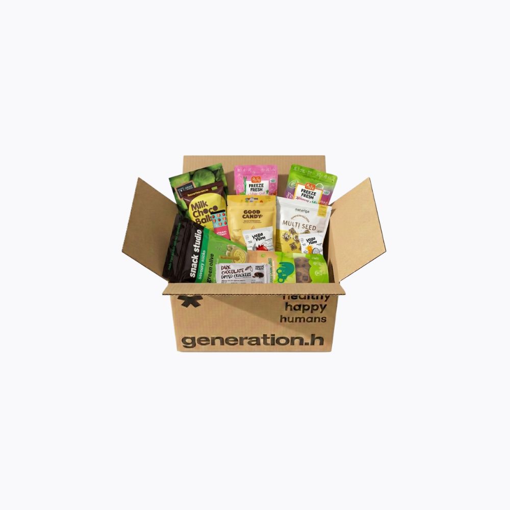 A cardboard gift box with the brand name 'generation.h' printed on the front, filled with assorted colorful snack bags and packaged treats, shown on a plain white background.