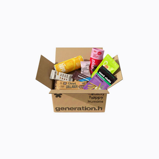 Open cardboard box from 'generation.h' with various health and wellness products on a white background