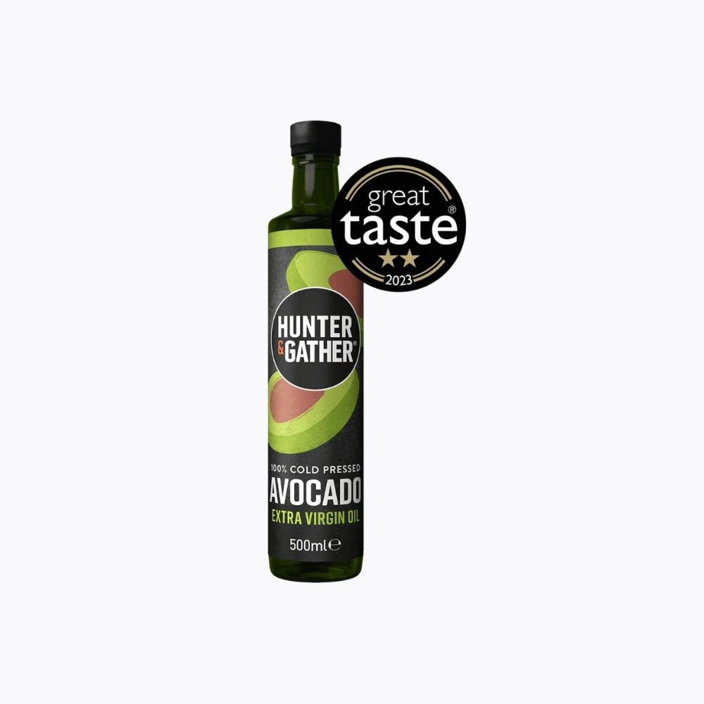 Hunter Gather avocado oil bottle with a Great Taste award on a white background