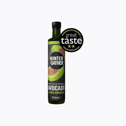 Hunter Gather avocado oil bottle with a Great Taste award on a white background