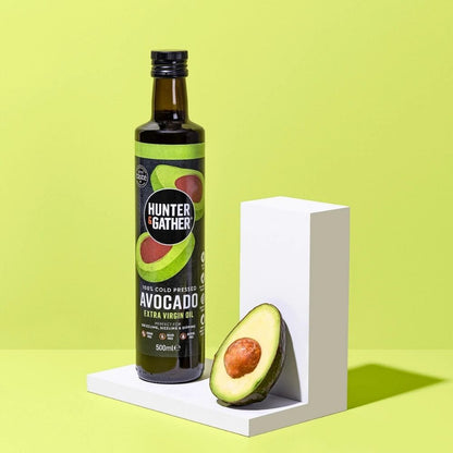 Hunter & Gather avocado oil bottle with an avocado on a green background