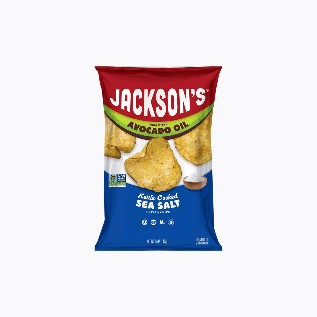Packaging of Jackson's Sweet Potato Chips with sea salt on a white background