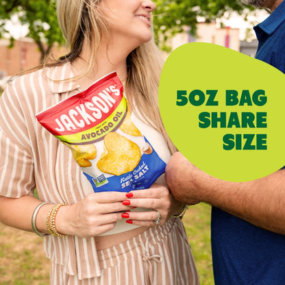 Promotional image of Jackson's Sweet Potato Chips packaging with text about a new bag design on a green background.