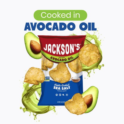 Bag of Jackson's Sweet Potato Chips on a wooden table with chips and dip.