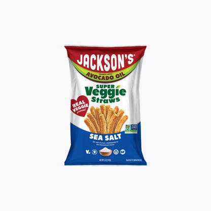 Packaging of Jackson's Super Veggie Straws with sea salt flavor on a white background