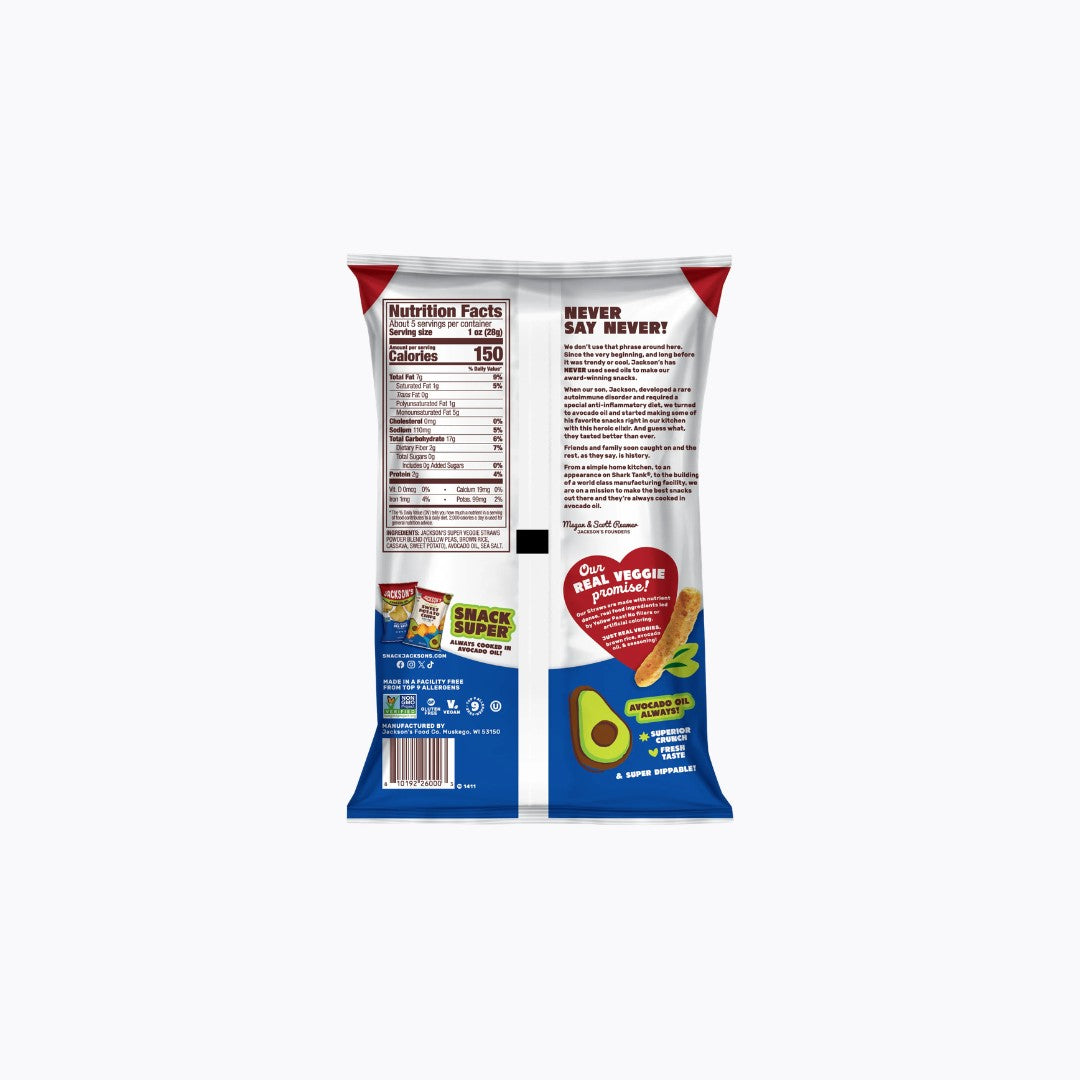 Back view of a snack bag with nutritional information and branding on a white background