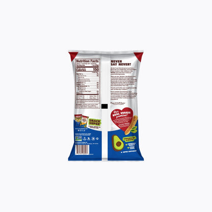 Back view of a snack bag with nutritional information and branding on a white background