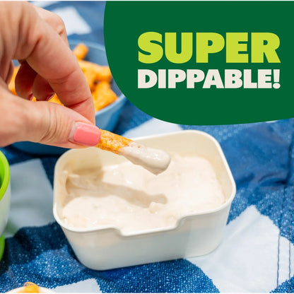 Person dipping a chip into a container of dip with 'Super Dippable!' text above.