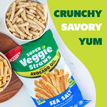 Super Veggie Straws packaging with text 'Crunchy Savory Yum' on a green background