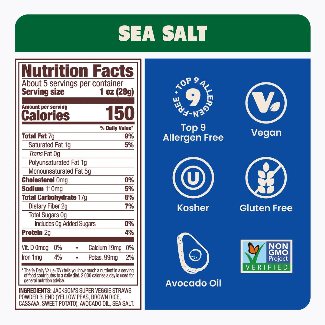 Nutrition label for sea salt with allergen, vegan, kosher, gluten-free, avocado oil, and non-GMO project verified icons.
