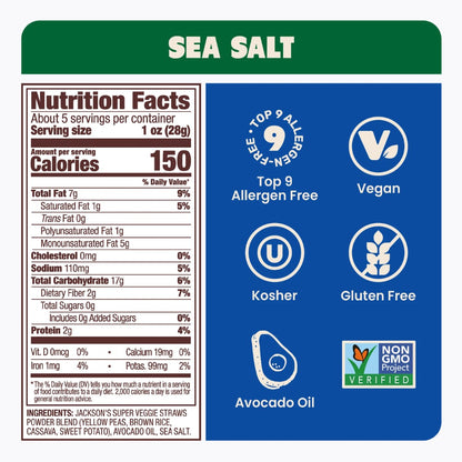 Nutrition label for sea salt with allergen, vegan, kosher, gluten-free, avocado oil, and non-GMO project verified icons.