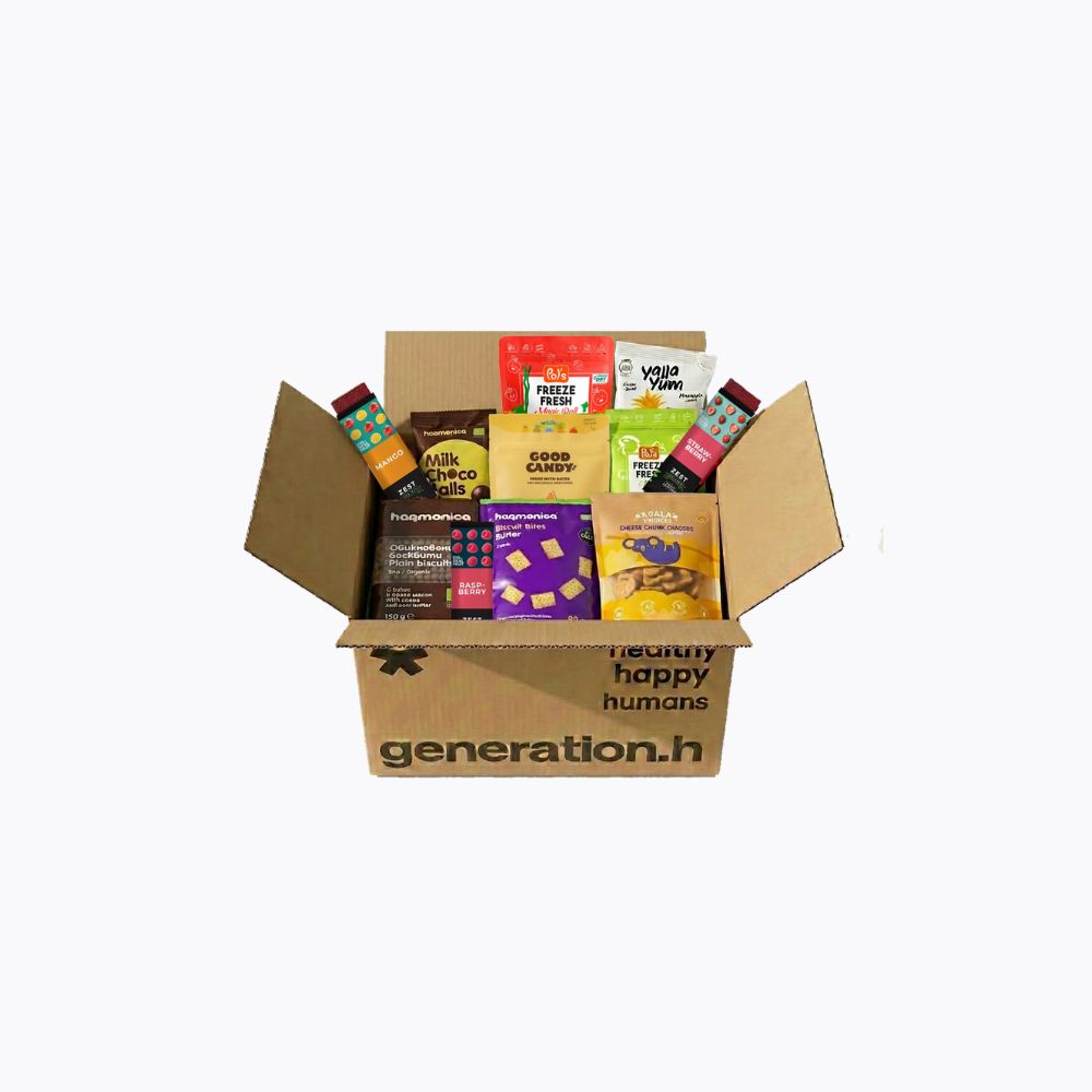 Cardboard box with various snack packets from 'generation.h' on a white background