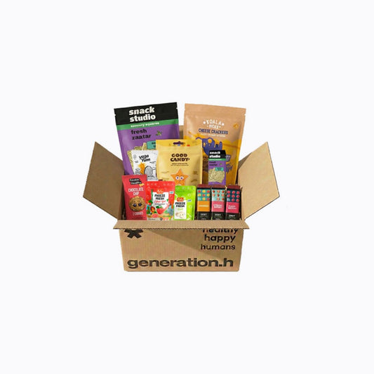 Cardboard box with various snack packets from 'generation.h' on a white background