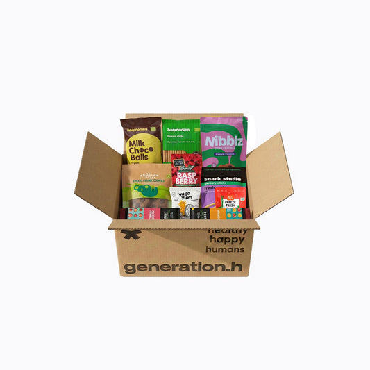 Open cardboard box filled with various snack packages on a white background, branded 'generation.h'.