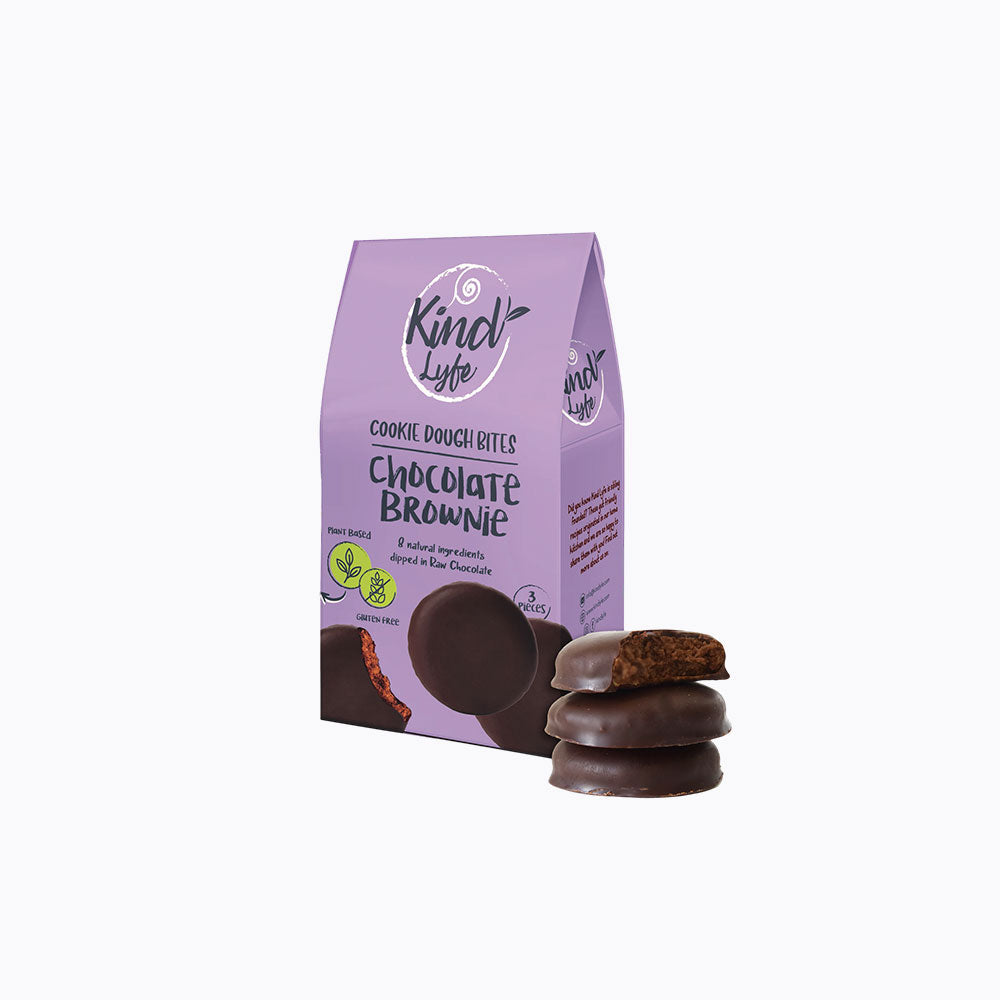 Kind Lyfe chocolate brownie cookie dough bites packaging with cookies on a white background