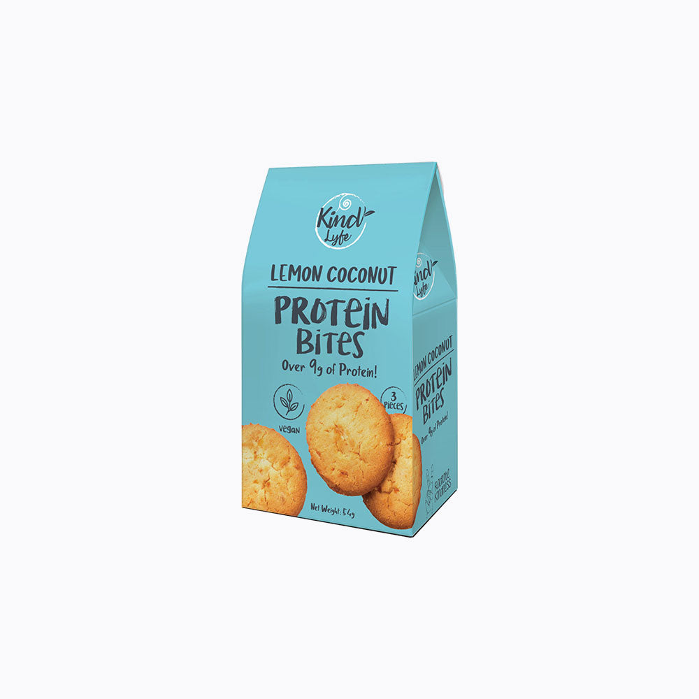 Box of Kind Lemon Coconut Protein Bites on a white background