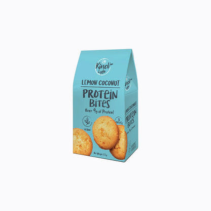 Box of Kind Lemon Coconut Protein Bites on a white background