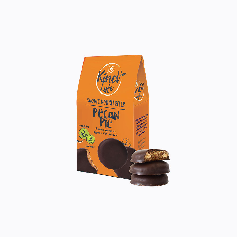 Kind Life Pecan Pie cookie dough bites packaging with cookies on a white background