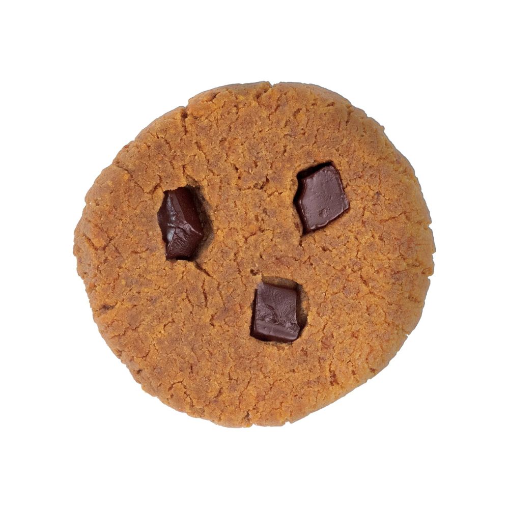 A round chocolate chip cookie with three dark chocolate chunks embedded in a golden-brown baked cookie, photographed from directly above on a plain white background.