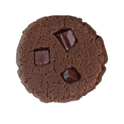 A single chocolate chip cookie photographed from above on a plain white background.