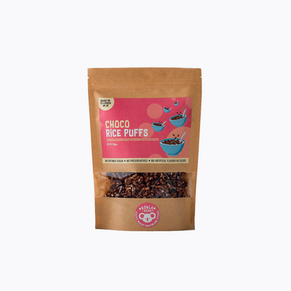 Package of Choco Rice Puffs with a pink label on a white background