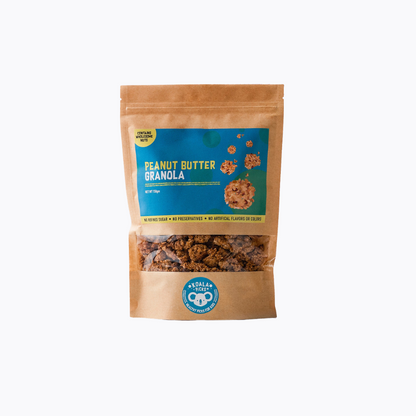 Package of peanut butter granola with a blue label on a white background