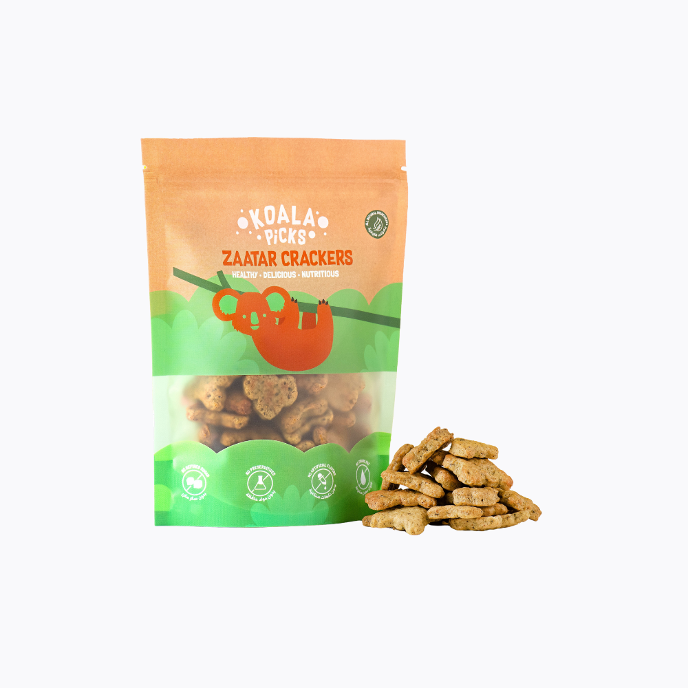 Koala Bites Zaatar Crackers packaging with crackers on a white background