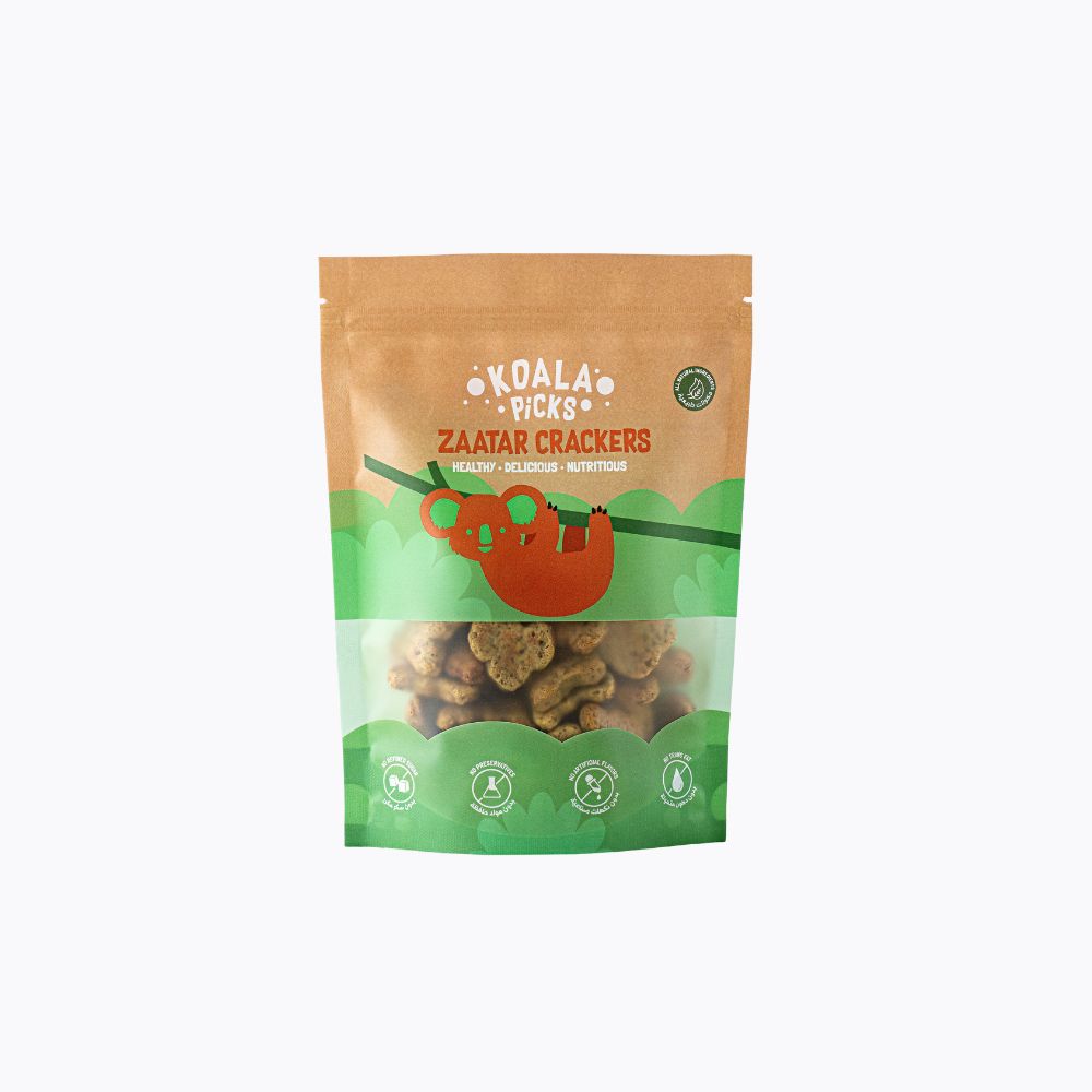 Koala Picks Zaatar Crackers packaging on a white background