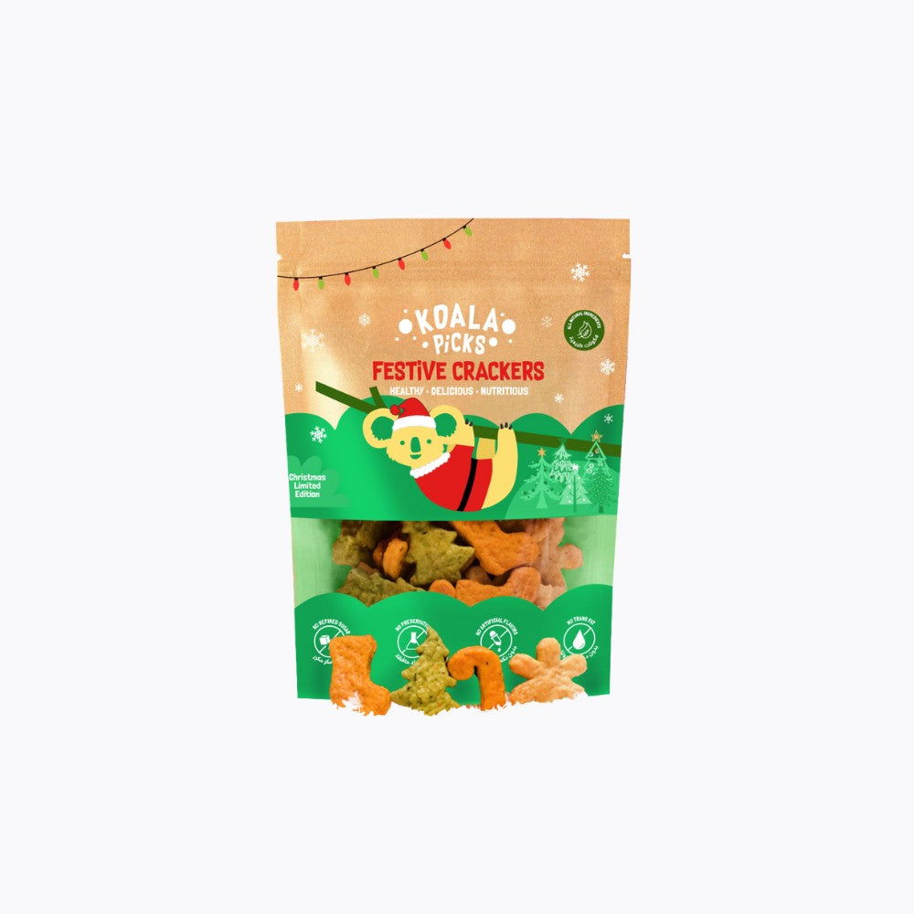 Package of Koala Picks Festive Crackers with Christmas-themed design on a white background