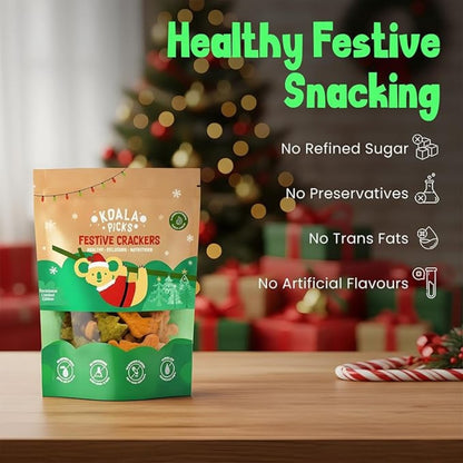 Packaging of festive crackers with Christmas tree and gifts in the background, labeled as 'Healthy Festive Snacking'.