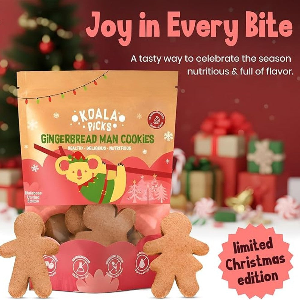 Koala Picks Gingerbread Man Cookies packaging with Christmas-themed background