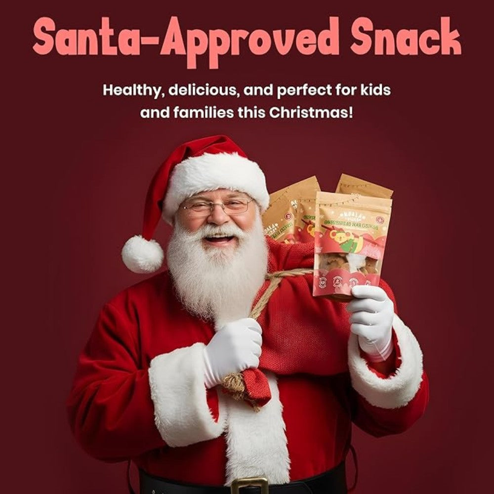 Santa Claus holding snack packages with text about a 'Santa-Approved Snack' on a red background.