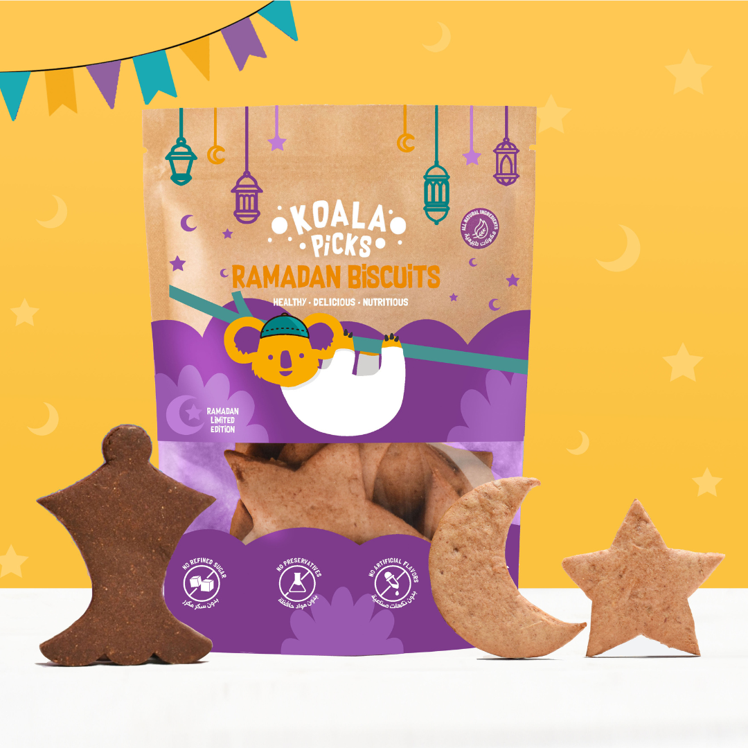 Koala Picks Ramadan biscuits packaging with cookies on a yellow background