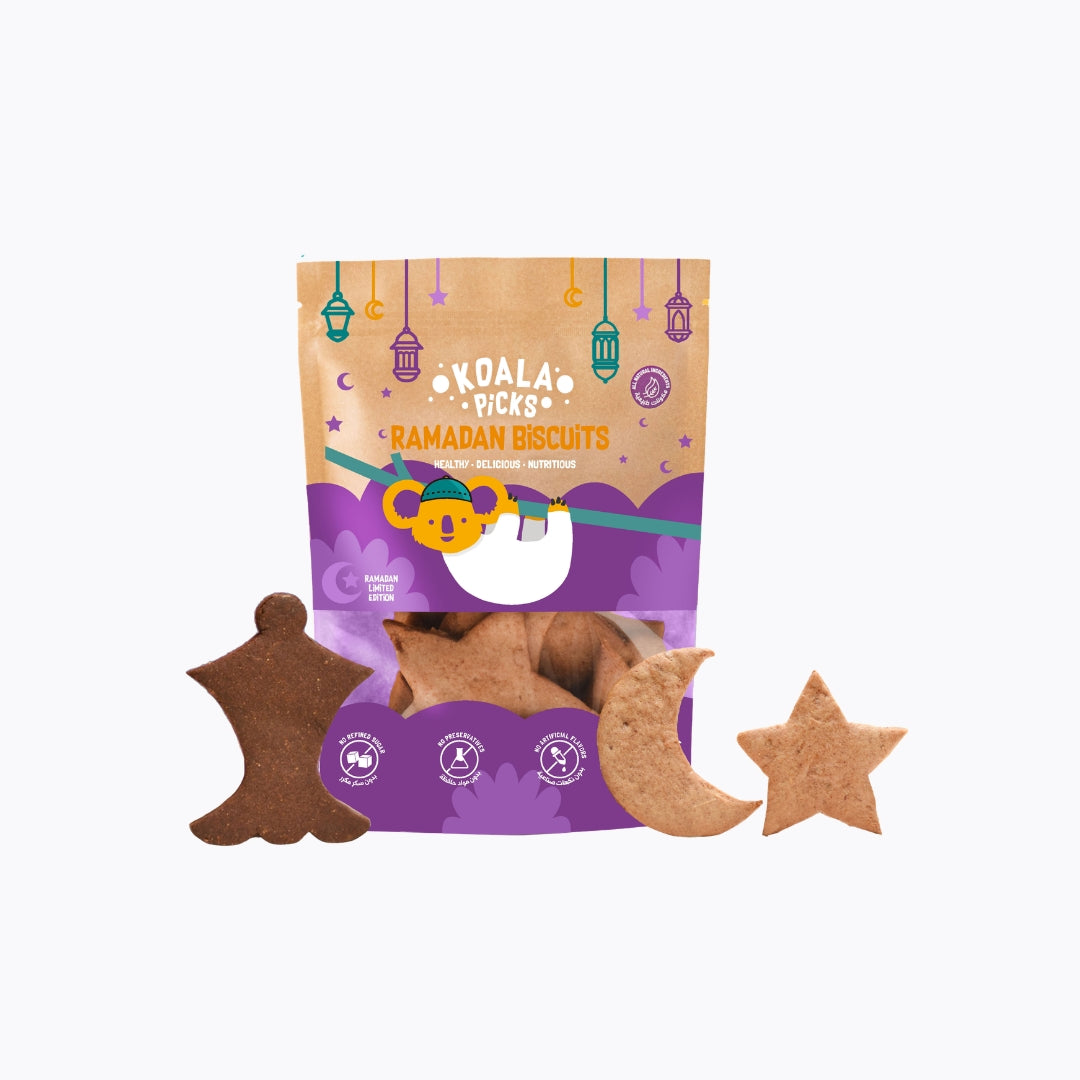 Packaged cookies with a purple label on a white background