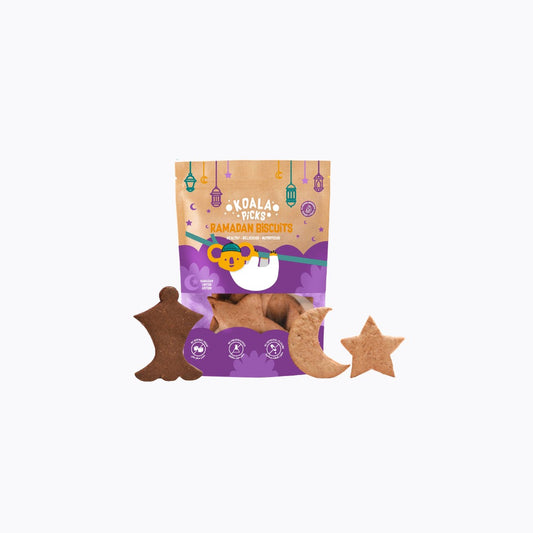 Packaged cookies with a purple label on a white background