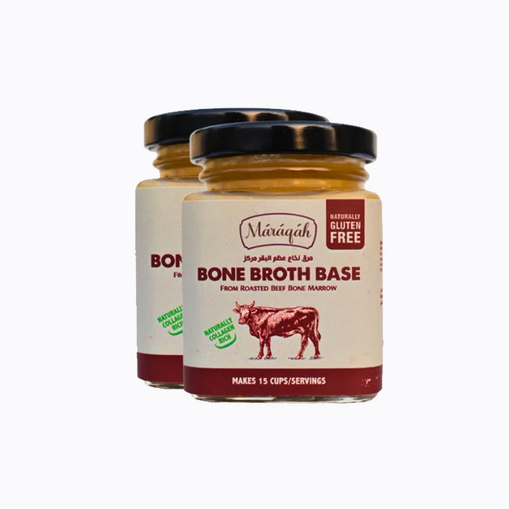 Two jars of Maraqah Bone Broth Base on a white background