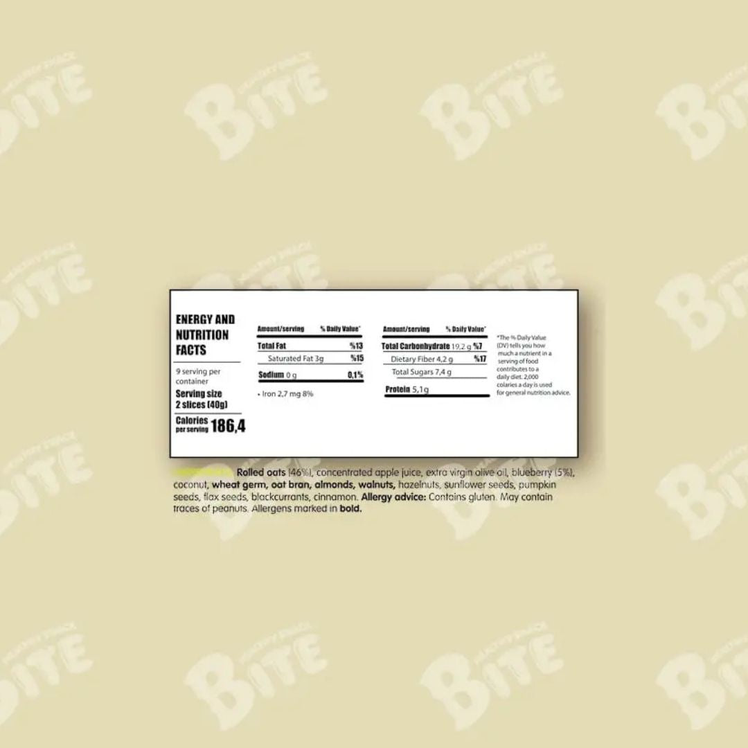 Nutrition label on a beige background with 'Bite' branding.