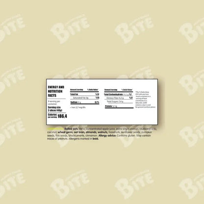 Nutrition label on a beige background with 'Bite' branding.