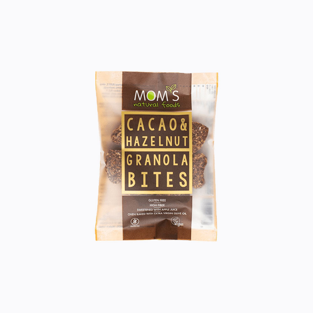 Packaging of Mom's Natural Foods Cacao & Hazelnut Granola Bites on a white background