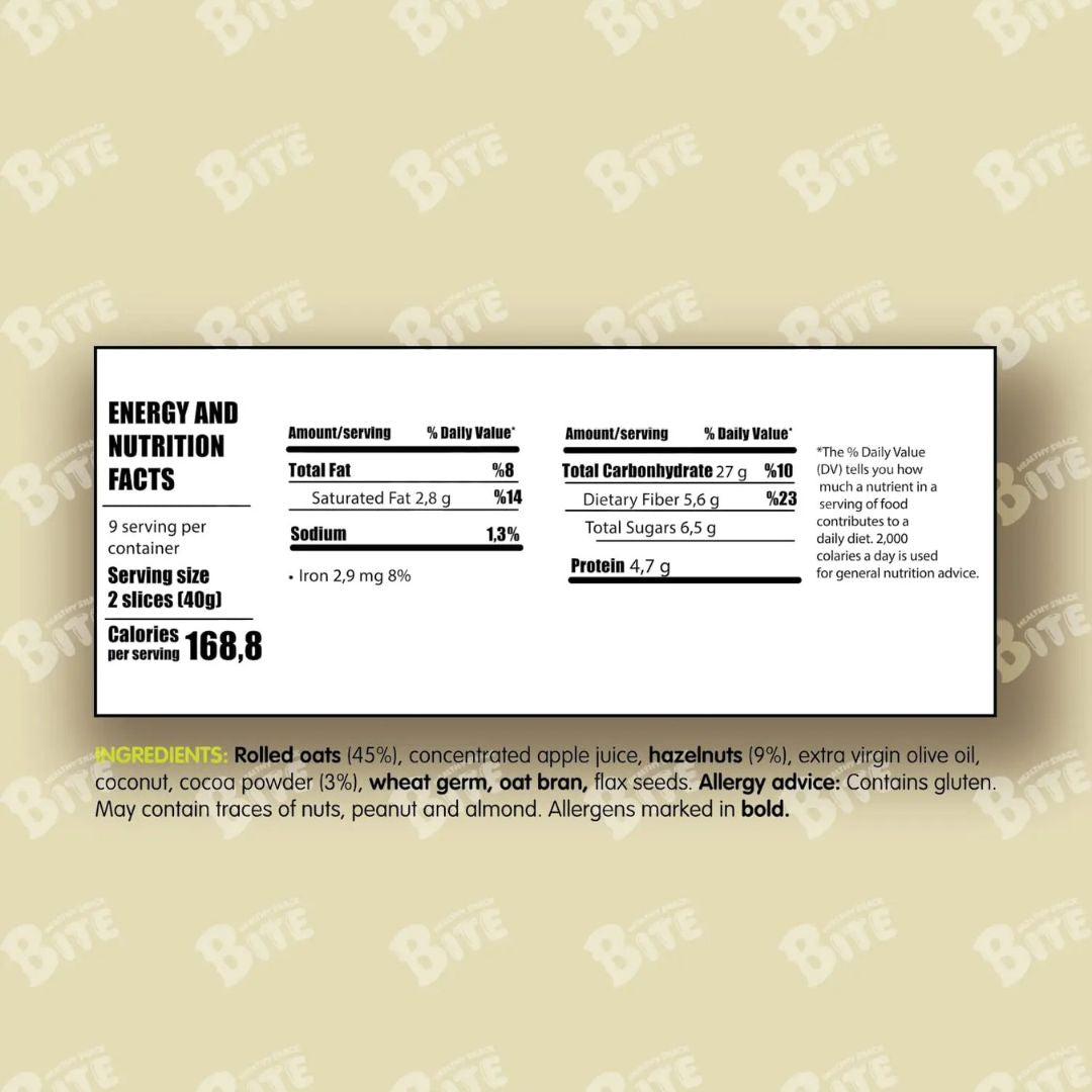 Nutrition label for a product with 'Bite' branding on a beige background