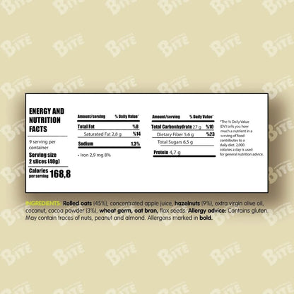 Nutrition label for a product with 'Bite' branding on a beige background