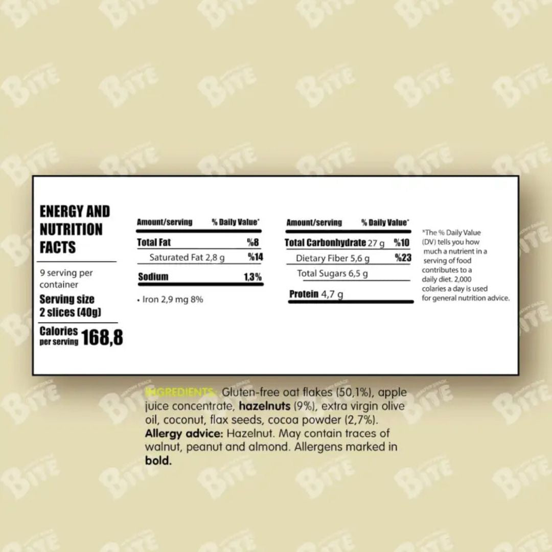 Nutrition label on a beige background with 'Bite' branding.