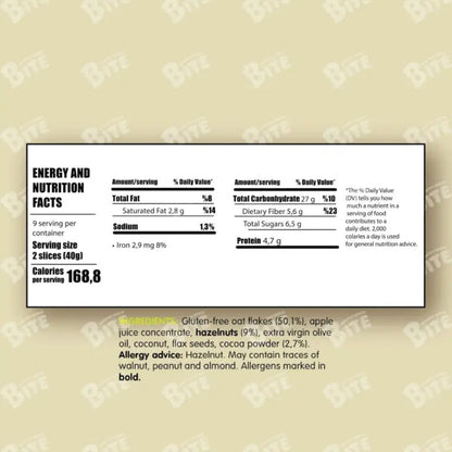 Nutrition label on a beige background with 'Bite' branding.