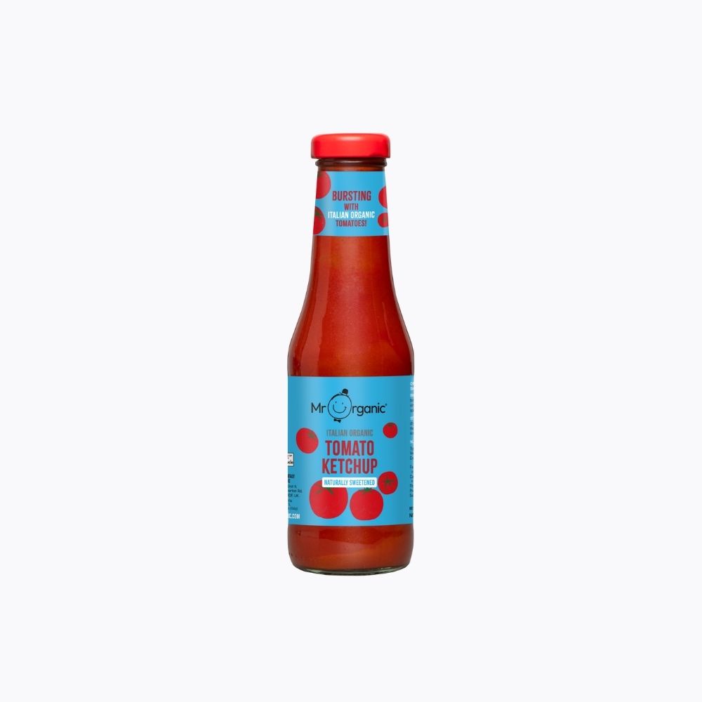 Bottle of tomato ketchup with a blue label on a white background
